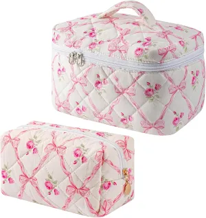 2 Pcs Makeup Bag Cosmetic Bag for Women Girls, Cute Large Large Floral Cosmetic Bag, Flower Travel Toiletry Bag Makeup Brushes Cotton Makeup Bag Set (Pink Bowknot Pink Bowknot)