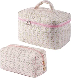 2 Pcs Makeup Bag Cosmetic Bag for Women Girls, Cute Large Large Floral Cosmetic Bag, Flower Travel Toiletry Bag Makeup Brushes Cotton Makeup Bag Set (Pink Pink)
