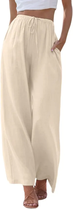 2024 Women High Waisted Wide Leg Pants Dressy Fashion Drawstring Elastic Trousers Comfy Straight Leg Long Pants with Pocket