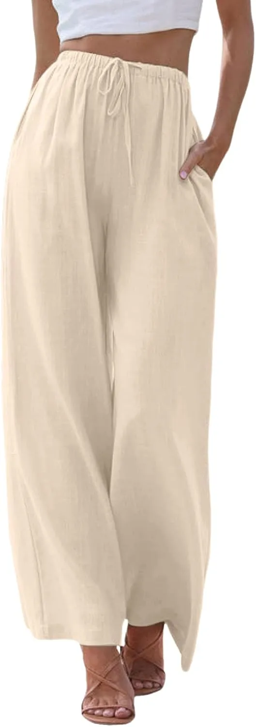 2024 Women High Waisted Wide Leg Pants Dressy Fashion Drawstring Elastic Trousers Comfy Straight Leg Long Pants with Pocket