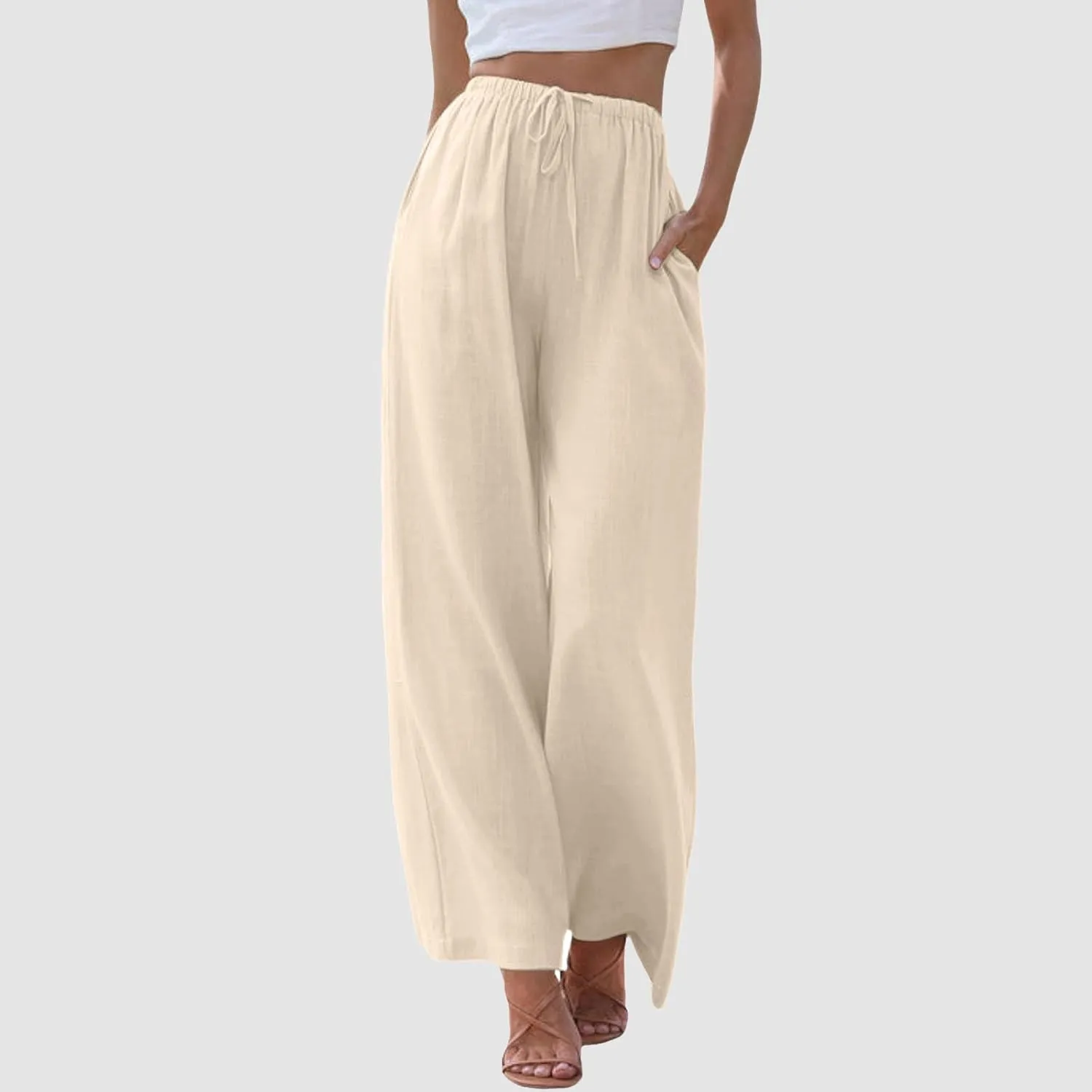 2024 Women High Waisted Wide Leg Pants Dressy Fashion Drawstring Elastic Trousers Comfy Straight Leg Long Pants with Pocket