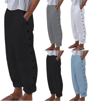 2025 Linen Pants Women Summer Casual Side Button Down Baggy Pants Elastic High Waist Tapered Wide Leg Pants w/Pockets