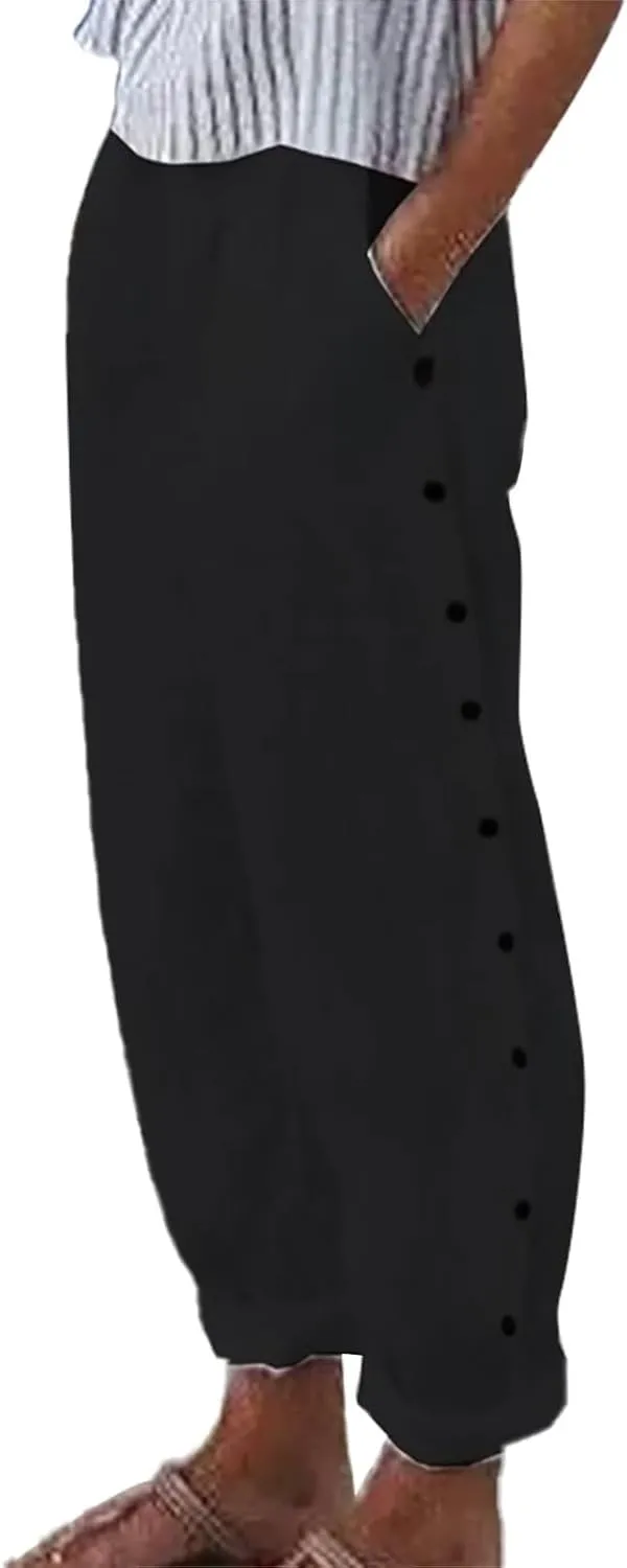 2025 Linen Pants Women Summer Casual Side Button Down Baggy Pants Elastic High Waist Tapered Wide Leg Pants w/Pockets