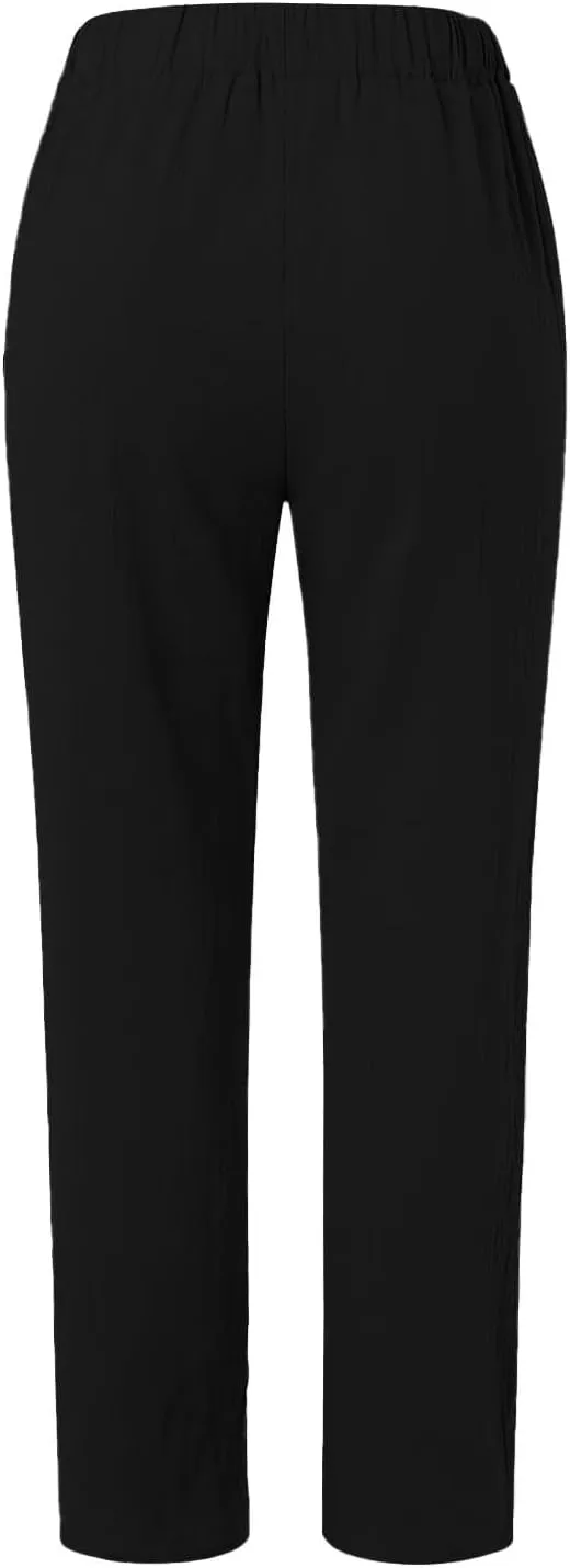 2025 Linen Pants Women Summer Casual Side Button Down Baggy Pants Elastic High Waist Tapered Wide Leg Pants w/Pockets