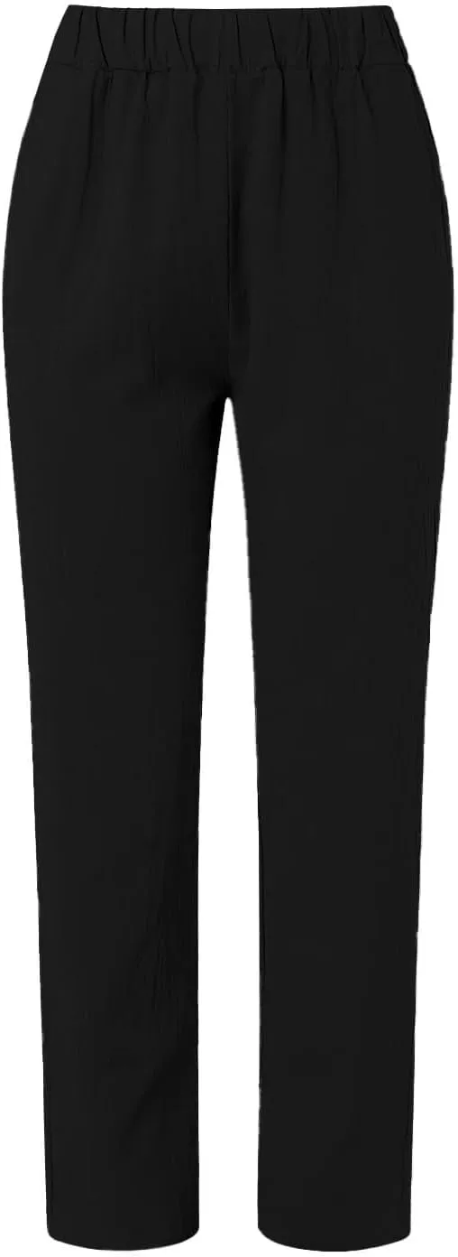 2025 Linen Pants Women Summer Casual Side Button Down Baggy Pants Elastic High Waist Tapered Wide Leg Pants w/Pockets