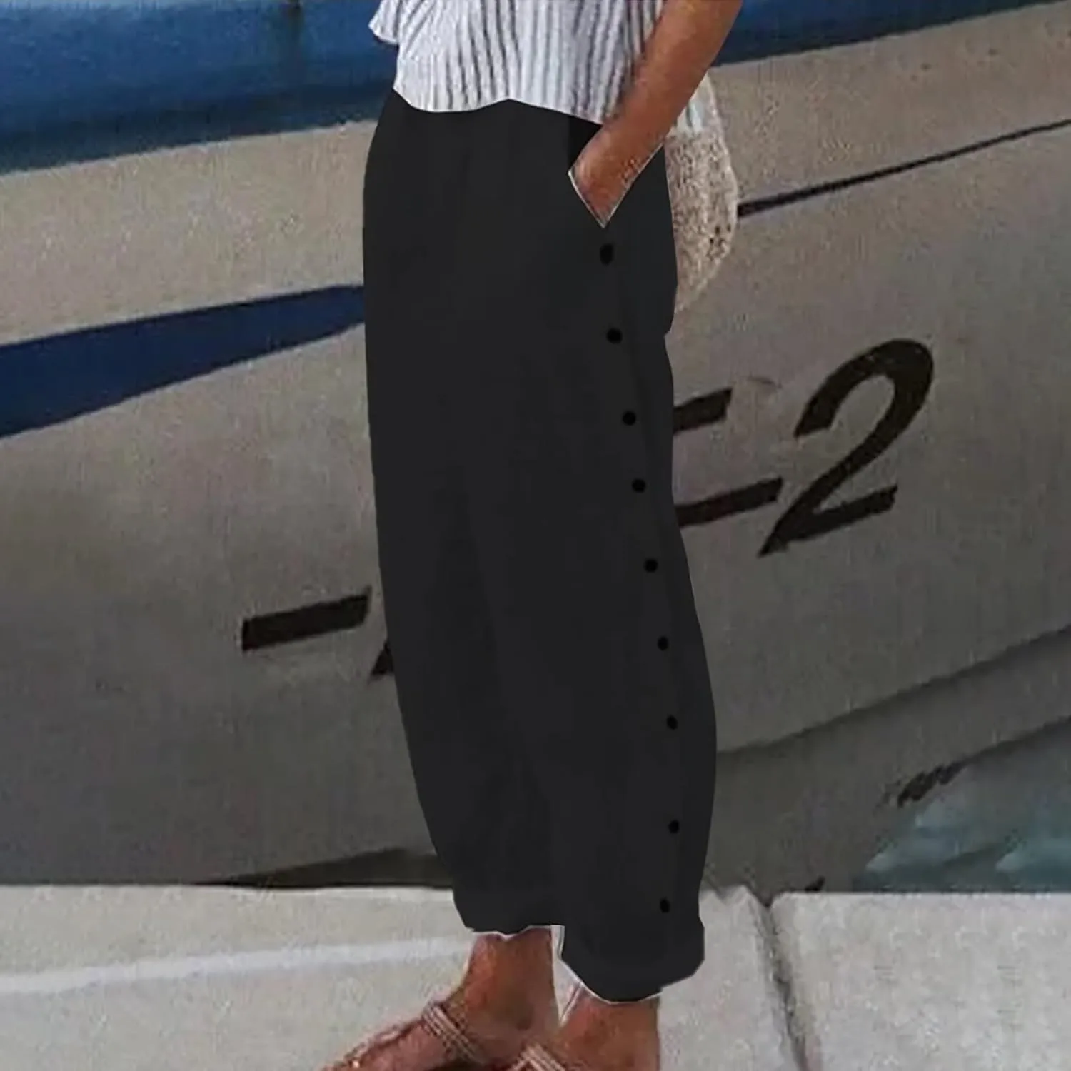 2025 Linen Pants Women Summer Casual Side Button Down Baggy Pants Elastic High Waist Tapered Wide Leg Pants w/Pockets