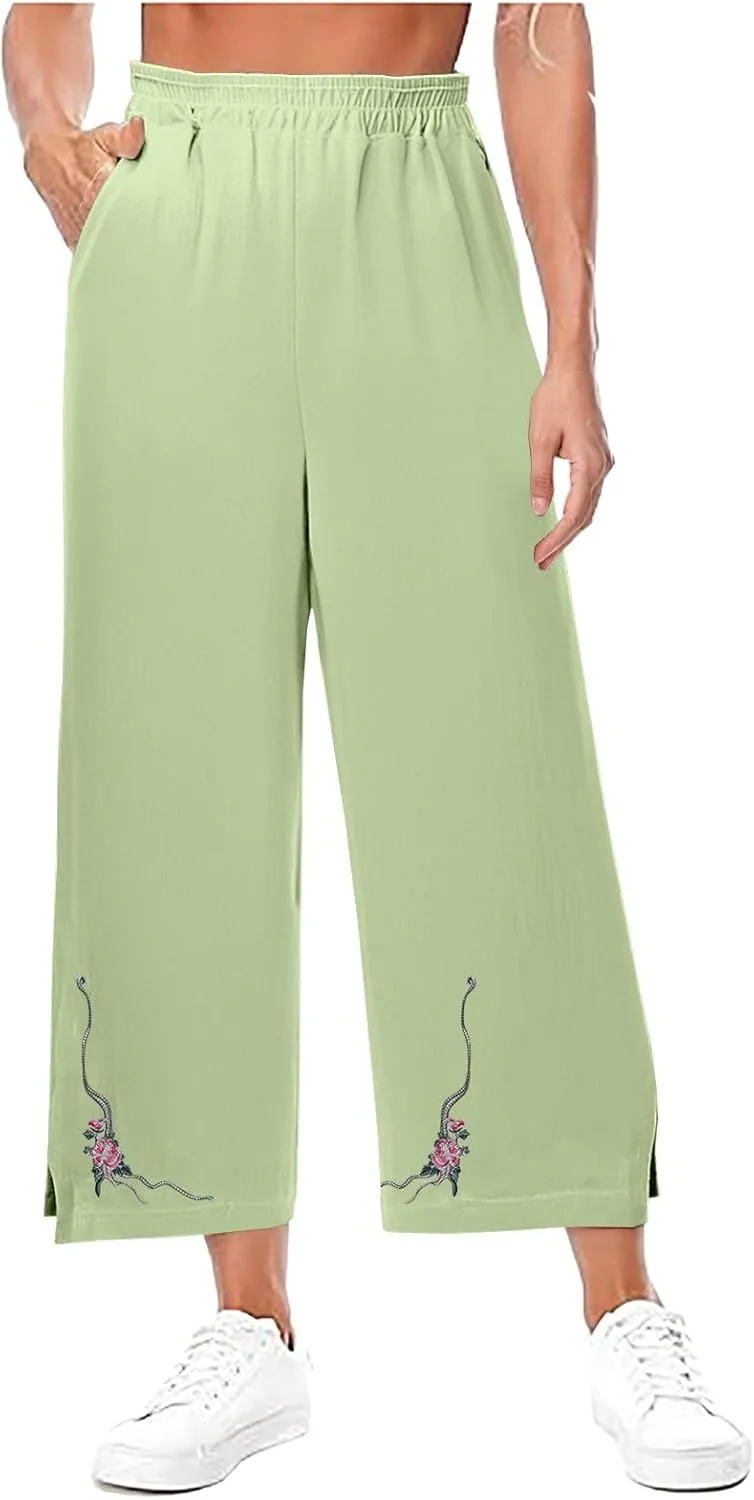 2025 Trendy Women Linen Pants Casual Wide Leg with Embroidery Pattern Cropped Palazzo Beach Boho Pant Summer Outfits