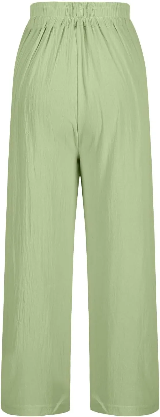 2025 Trendy Women Linen Pants Casual Wide Leg with Embroidery Pattern Cropped Palazzo Beach Boho Pant Summer Outfits