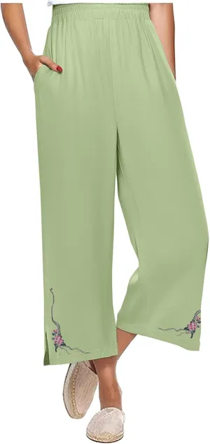 2025 Trendy Women Linen Pants Casual Wide Leg with Embroidery Pattern Cropped Palazzo Beach Boho Pant Summer Outfits