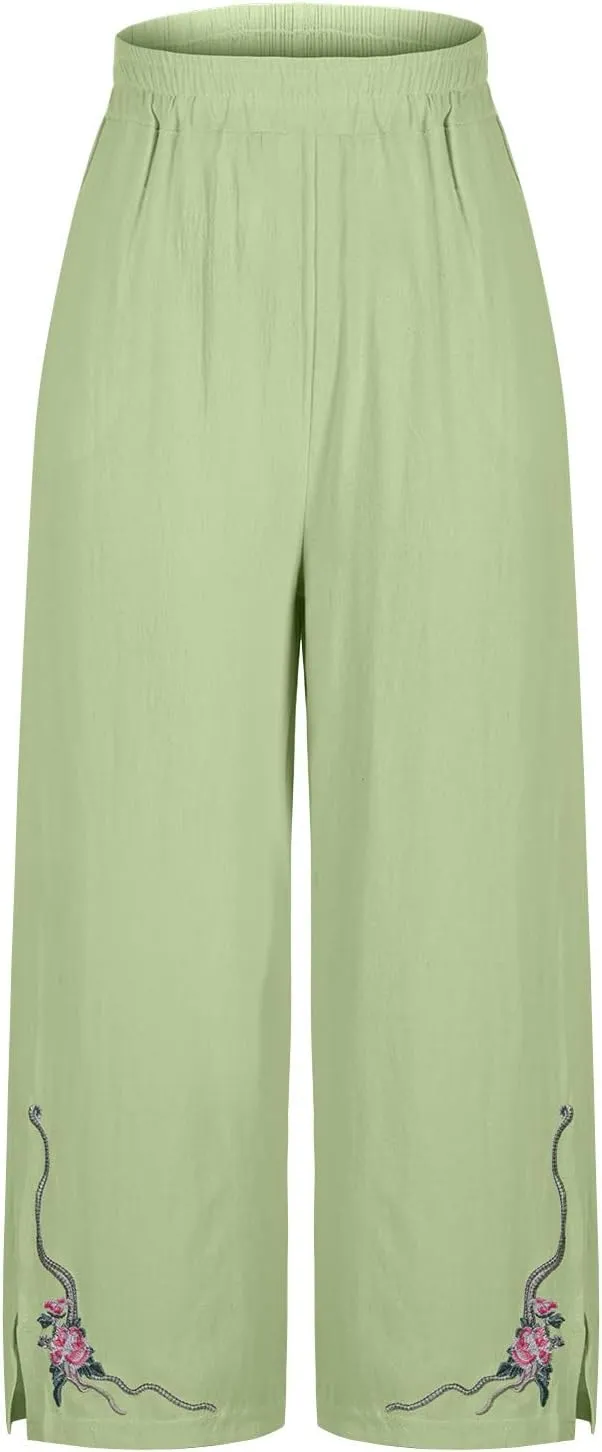 2025 Trendy Women Linen Pants Casual Wide Leg with Embroidery Pattern Cropped Palazzo Beach Boho Pant Summer Outfits