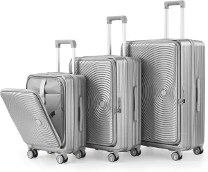 3 Piece Luggage Set with Front Laptop Compartment, Expandable Lightweight Suitcases, Hard Shell with Spinner Wheels, Silver