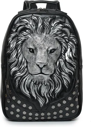 3D Lion Leather Laptop Backpack Unique Designer Fashion Travel Rivet Punk Backpack (Black S)