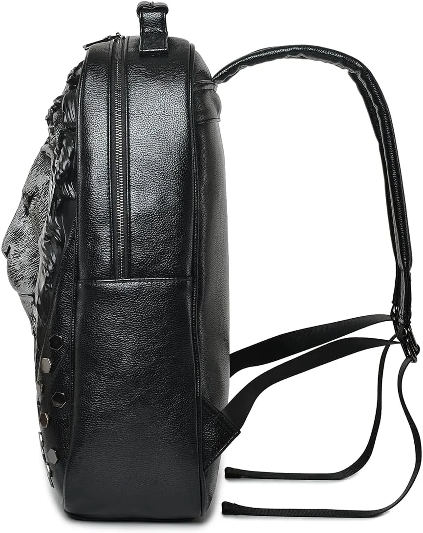 3D Lion Leather Laptop Backpack Unique Designer Fashion Travel Rivet Punk Backpack (Black S)