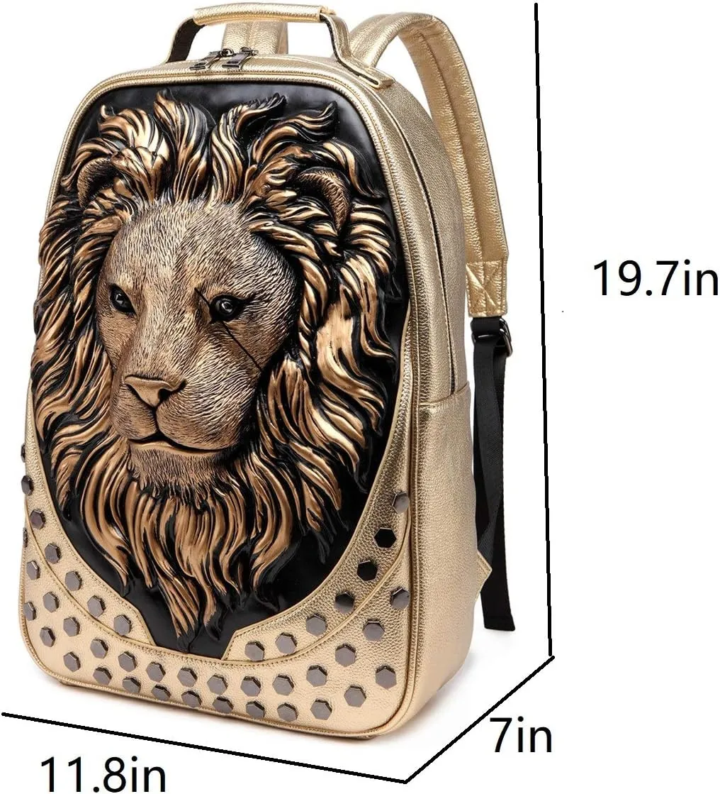3D Lion Leather Laptop Backpack Unique Designer Fashion Travel Rivet Punk Backpack (Gold)