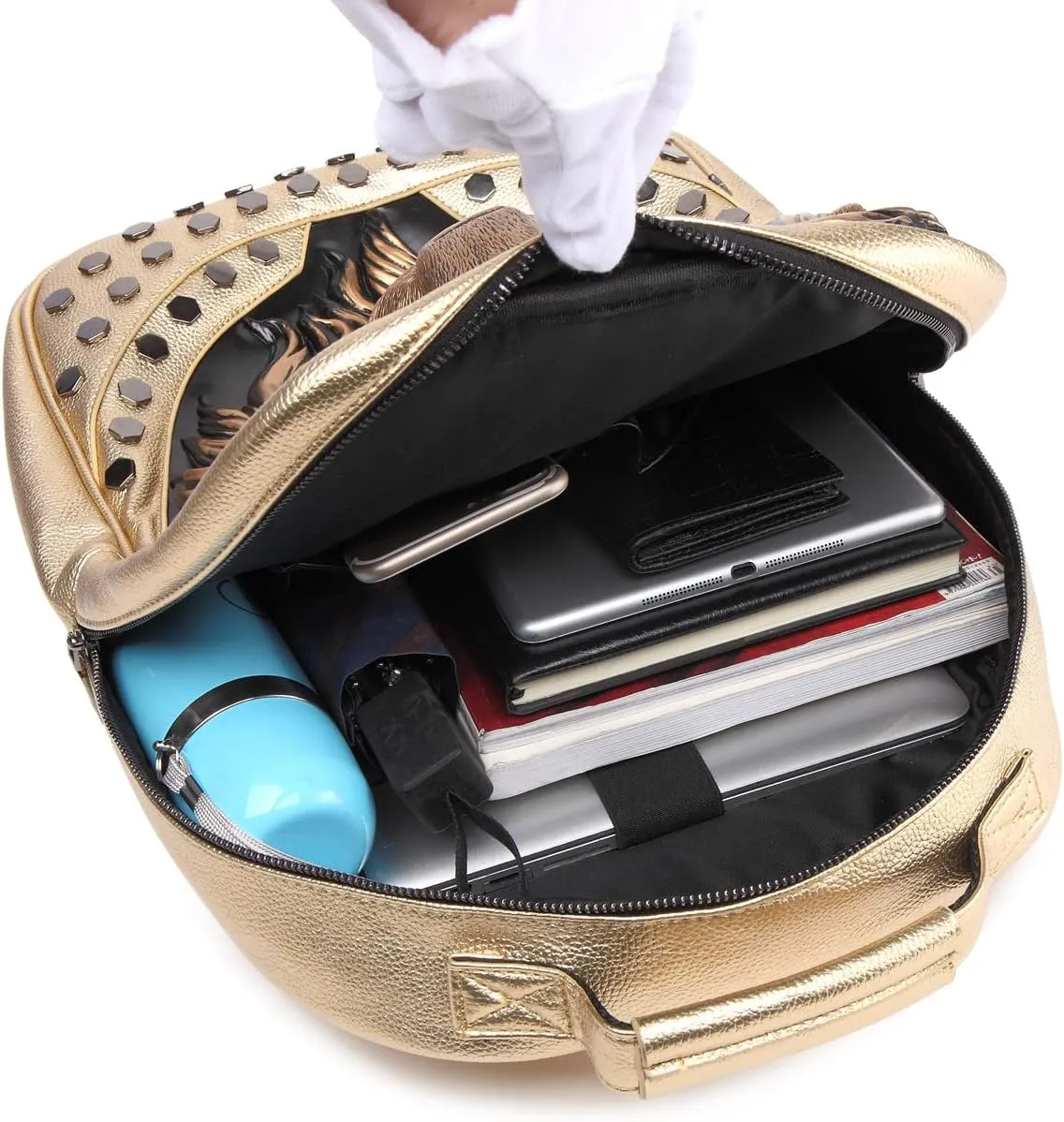 3D Lion Leather Laptop Backpack Unique Designer Fashion Travel Rivet Punk Backpack (Gold)