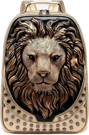 3D Lion Leather Laptop Backpack Unique Designer Fashion Travel Rivet Punk Backpack (Gold)