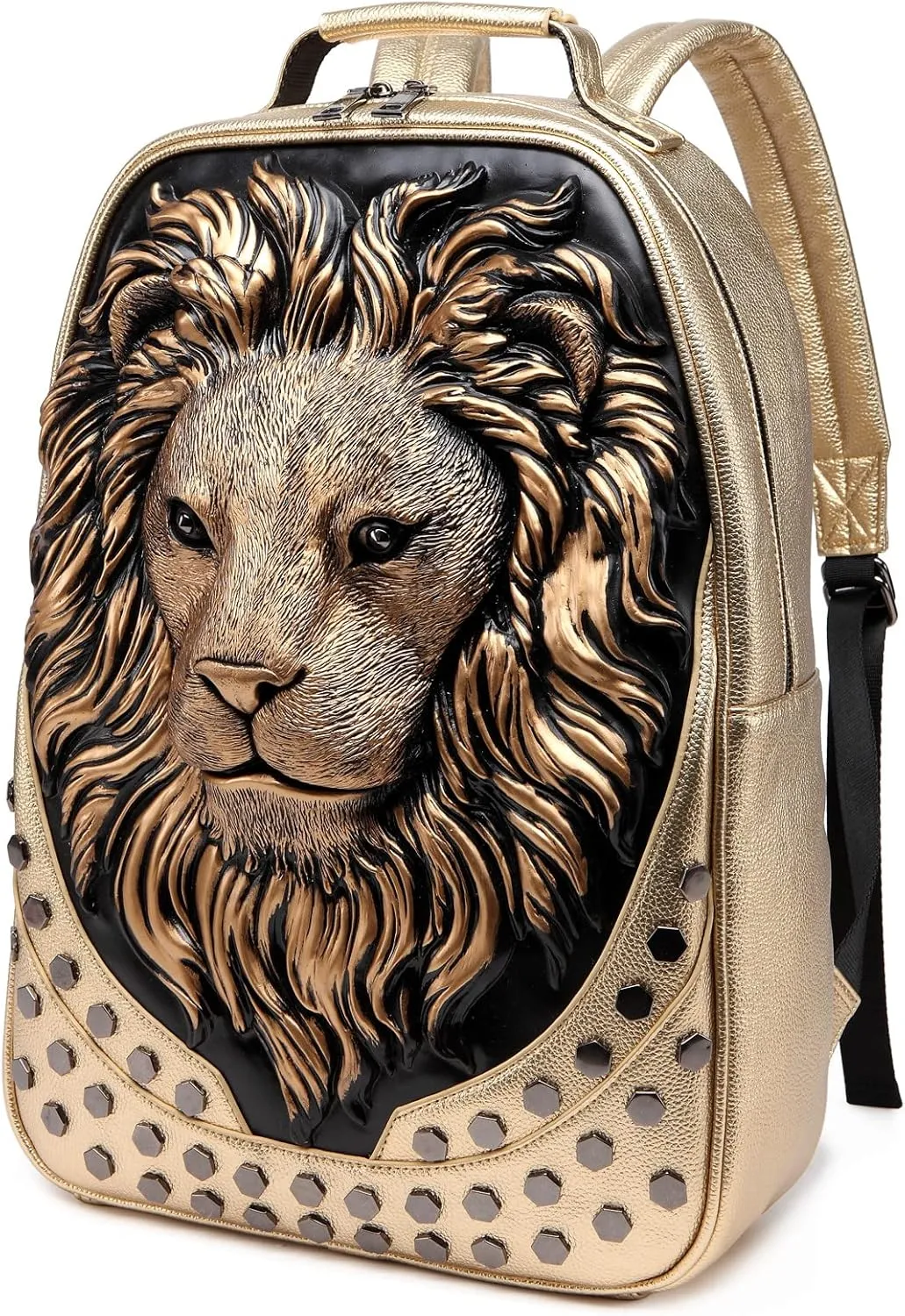 3D Lion Leather Laptop Backpack Unique Designer Fashion Travel Rivet Punk Backpack (Gold)