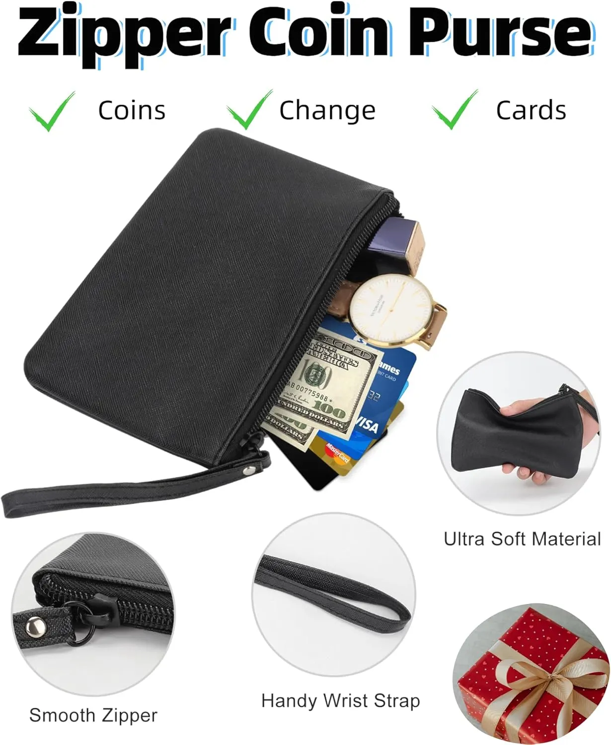 4.5 x 6.5 Clutch Stadium Approved, Leather Coin Purse for Women Wristlet Money Pouches for Cash Car Change with Zipper Lipstick Holder, Extra Small Makeup Bag for Purse Organizer Insert, Black