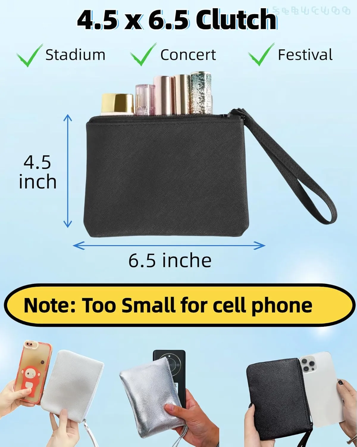 4.5 x 6.5 Clutch Stadium Approved, Leather Coin Purse for Women Wristlet Money Pouches for Cash Car Change with Zipper Lipstick Holder, Extra Small Makeup Bag for Purse Organizer Insert, Black