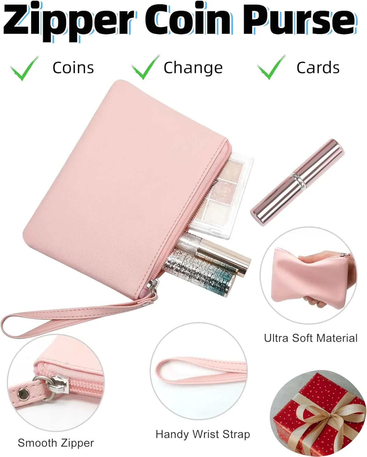 4.5 x 6.5 Clutch Stadium Approved, Leather Coin Purse for Women Wristlet Money Pouches for Cash Car Change with Zipper Lipstick Holder, Extra Small Makeup Bag for Purse Organizer Insert, Pink
