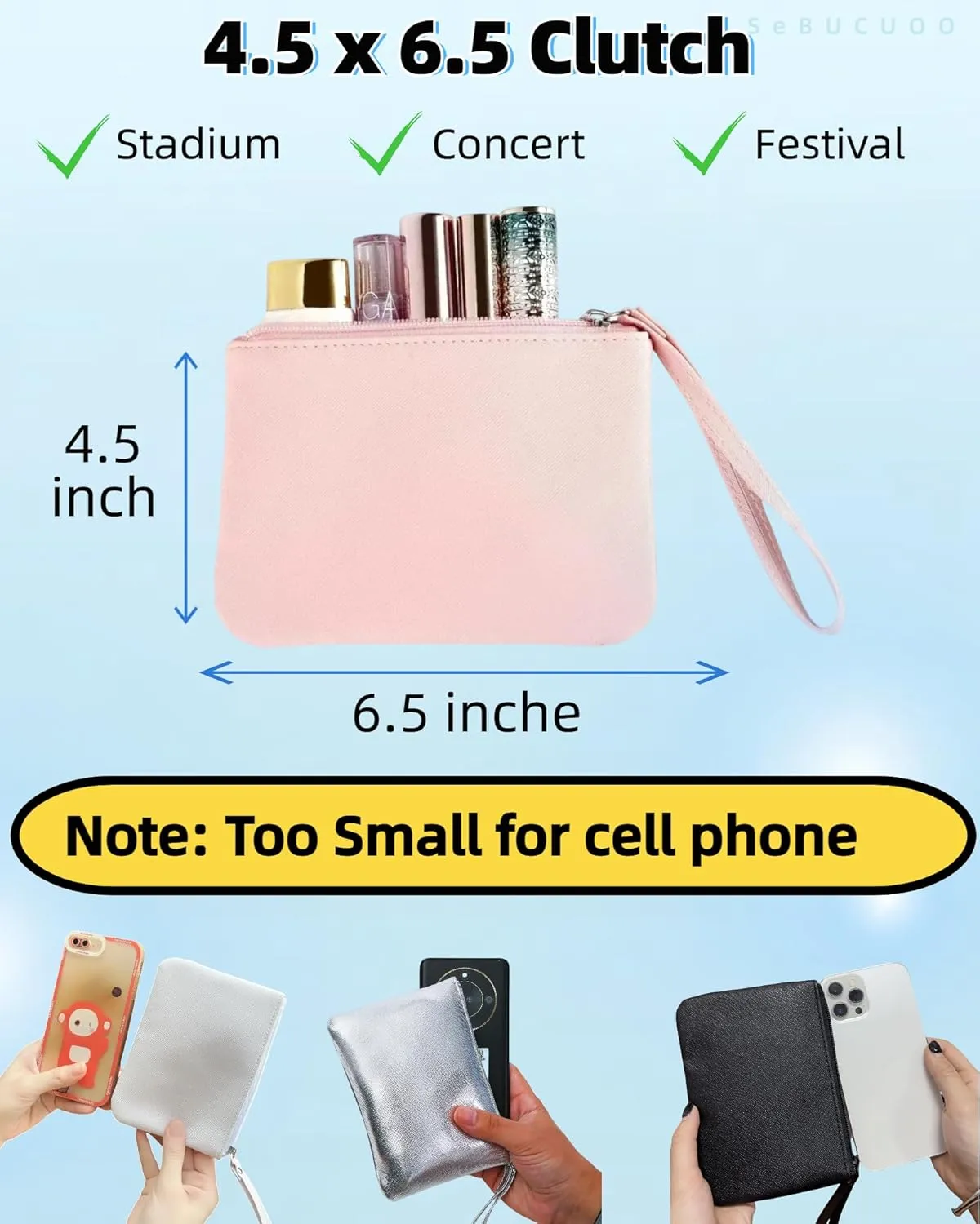 4.5 x 6.5 Clutch Stadium Approved, Leather Coin Purse for Women Wristlet Money Pouches for Cash Car Change with Zipper Lipstick Holder, Extra Small Makeup Bag for Purse Organizer Insert, Pink