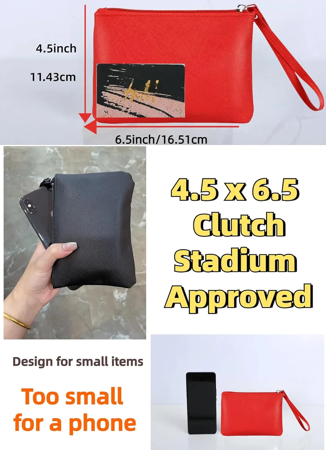 4.5 x 6.5 Clutch Stadium Approved, Leather Coin Purse for Women Wristlet Money Pouches for Cash Car Change with Zipper Lipstick Holder, Extra Small Makeup Bag for Purse Organizer Insert, Red