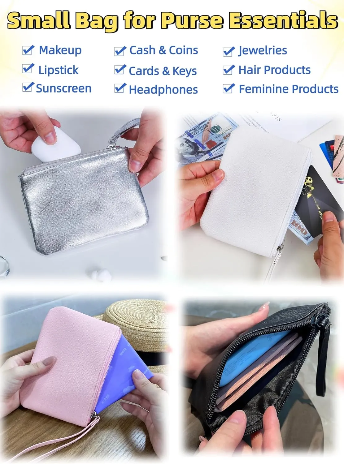 4.5 x 6.5 Clutch Stadium Approved, Leather Coin Purse for Women Wristlet Money Pouches for Cash Car Change with Zipper Lipstick Holder, Extra Small Makeup Bag for Purse Organizer Insert, Red