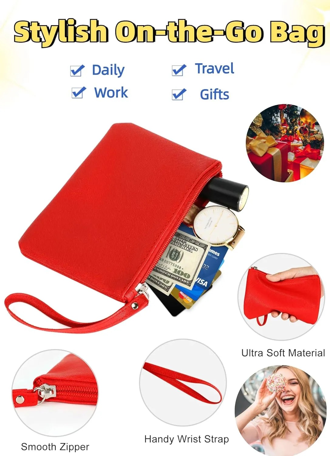 4.5 x 6.5 Clutch Stadium Approved, Leather Coin Purse for Women Wristlet Money Pouches for Cash Car Change with Zipper Lipstick Holder, Extra Small Makeup Bag for Purse Organizer Insert, Red