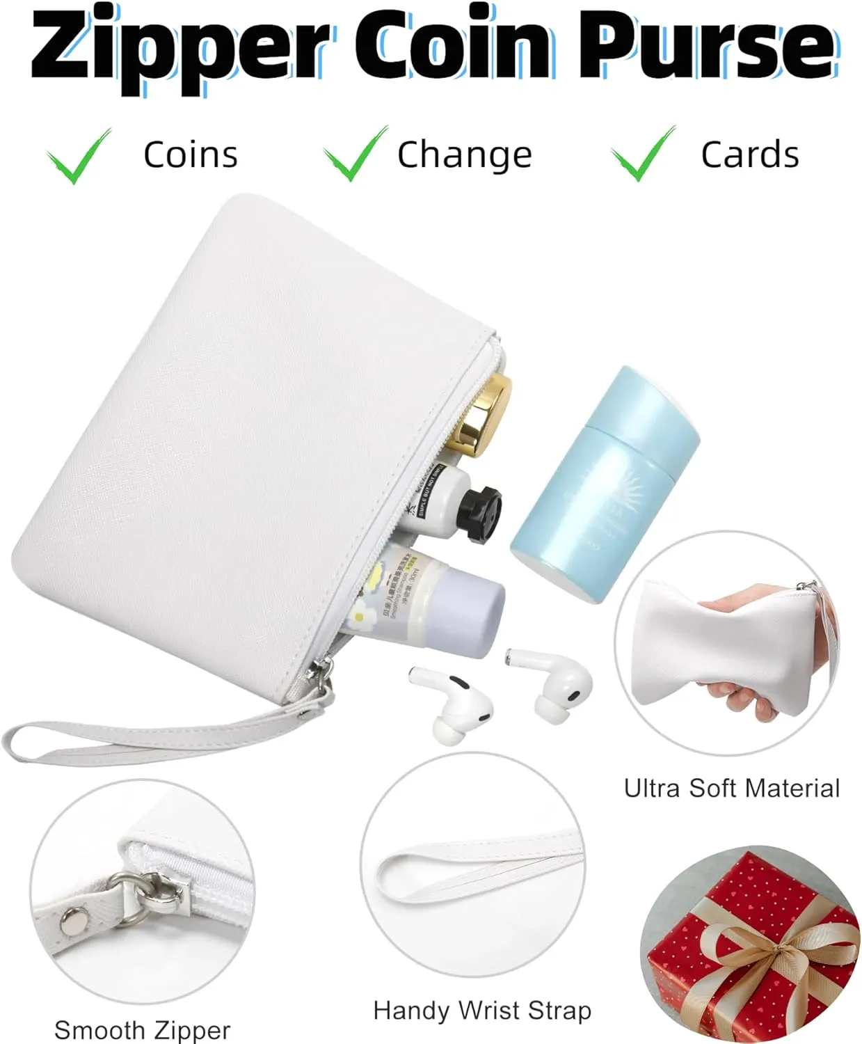 4.5 x 6.5 Clutch Stadium Approved, Leather Coin Purse for Women Wristlet Money Pouches for Cash Car Change with Zipper Lipstick Holder, Extra Small Makeup Bag for Purse Organizer Insert, White