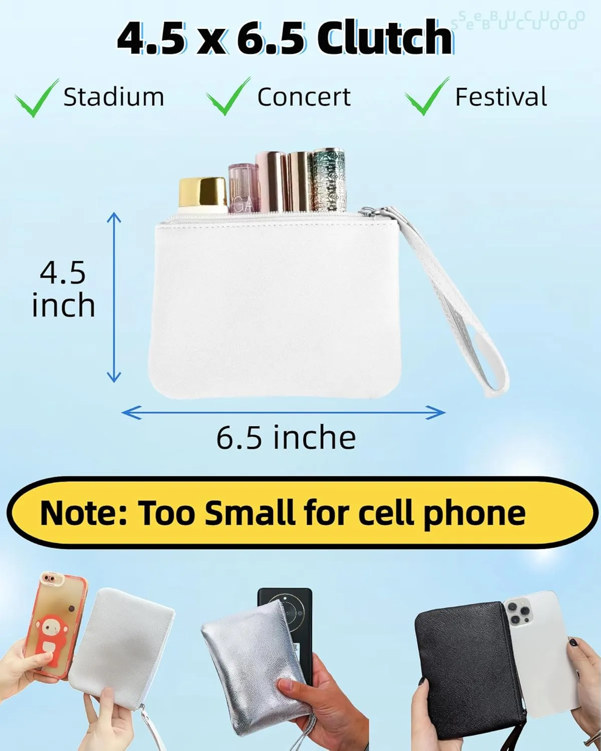 4.5 x 6.5 Clutch Stadium Approved, Leather Coin Purse for Women Wristlet Money Pouches for Cash Car Change with Zipper Lipstick Holder, Extra Small Makeup Bag for Purse Organizer Insert, White