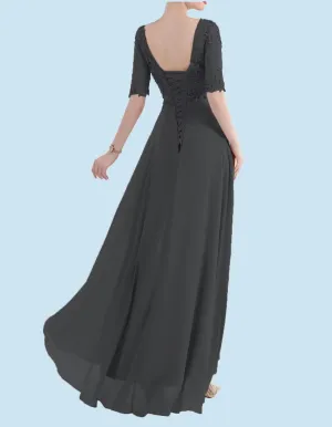 A Line Tea Length Mother of The Bride Dress 3/4 Sleeves Lace Applique Chiffon Formal Evening Party Gowns