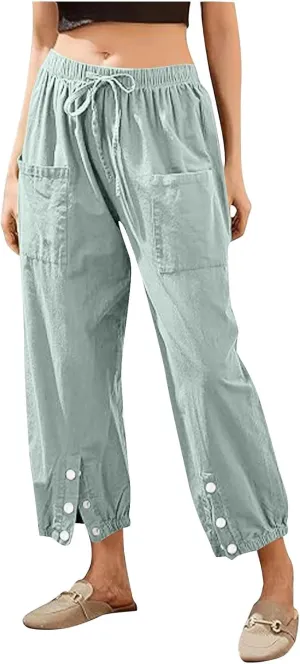 Akklian Linen Pants Women Beach Drawstring Capri Pants Summer Casual Pockets High Waisted Button Slit Baggy Trousers 2025
