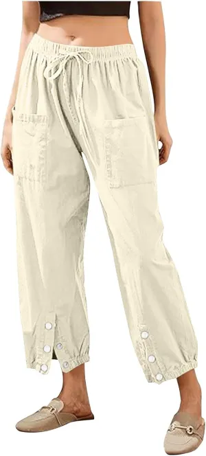 Akklian Linen Pants Women Beach Drawstring Capri Pants Summer Casual Pockets High Waisted Button Slit Baggy Trousers 2025