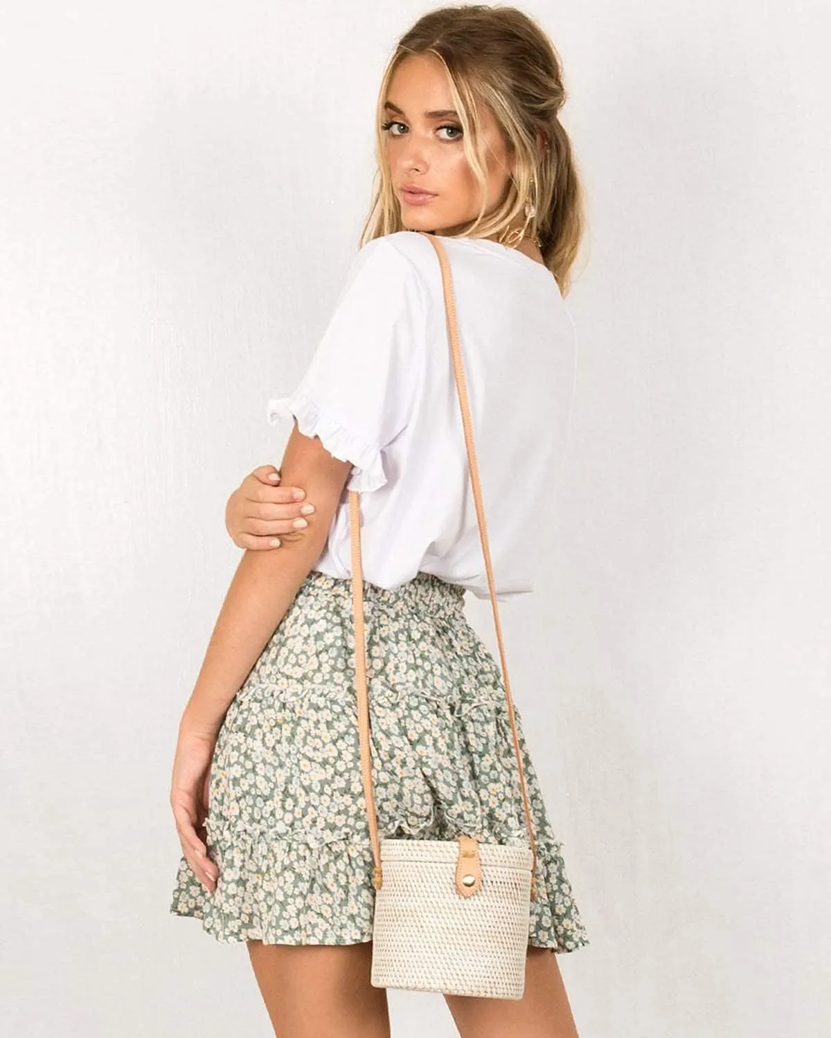 Alelly Women's Summer Cute High Waist Ruffle Skirt Floral Print Swing Beach Mini Skirt