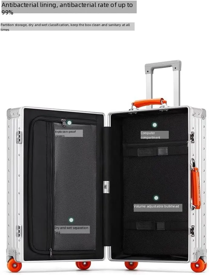 All Aluminum Carry On Luggage,High end TSA Aviation Approved Luggage,Business Metal Hard Shell Carry On Luggage Without Zippers,Equipped with Spinner Wheels. (Grey paired with orange, 20inch)