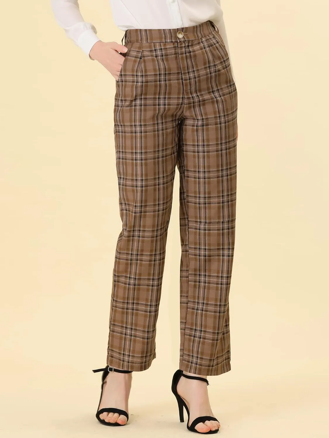 Allegra K Women's Plaid Pants Elastic Waist Casual Work Office Long Trousers