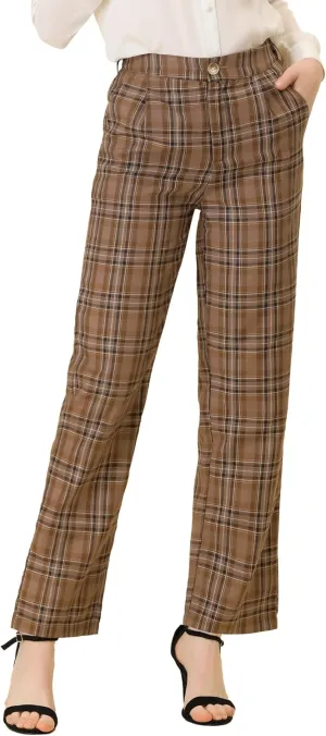 Allegra K Women's Plaid Pants Elastic Waist Casual Work Office Long Trousers