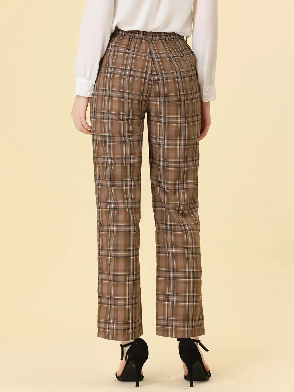 Allegra K Women's Plaid Pants Elastic Waist Casual Work Office Long Trousers