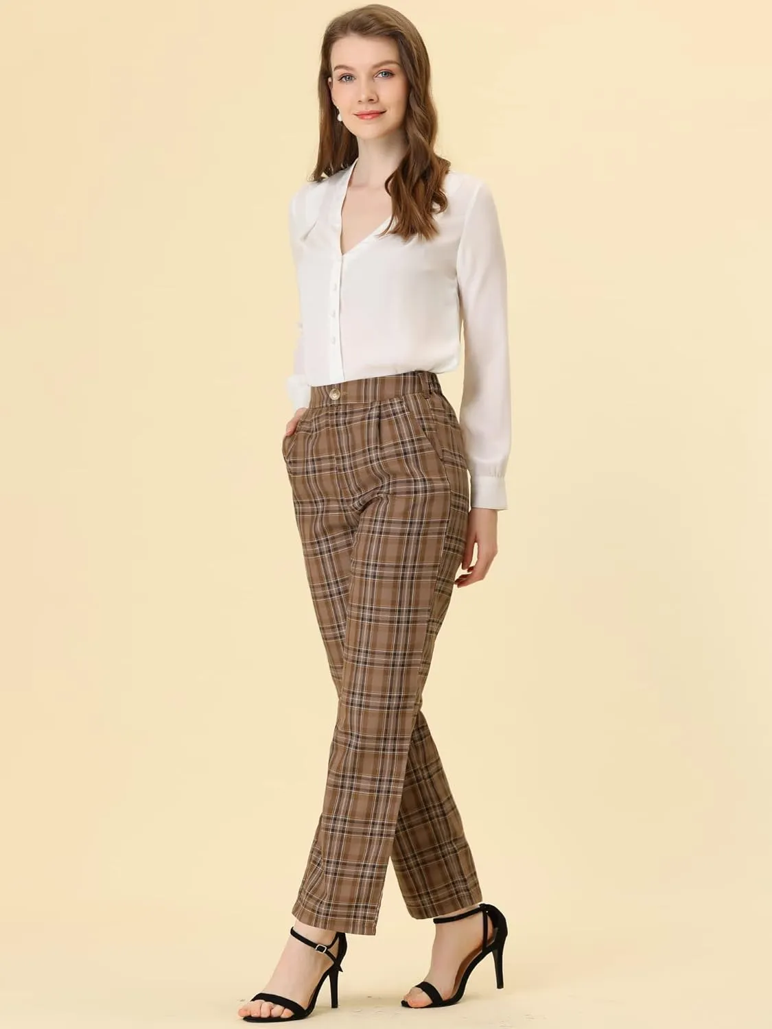 Allegra K Women's Plaid Pants Elastic Waist Casual Work Office Long Trousers