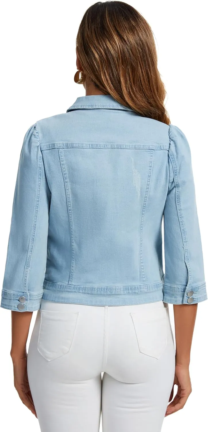 Anienaya Women's Jean Jacket Cropped Denim Jacket Stretchy 3/4 Puff Sleeve Distressed with Pockets