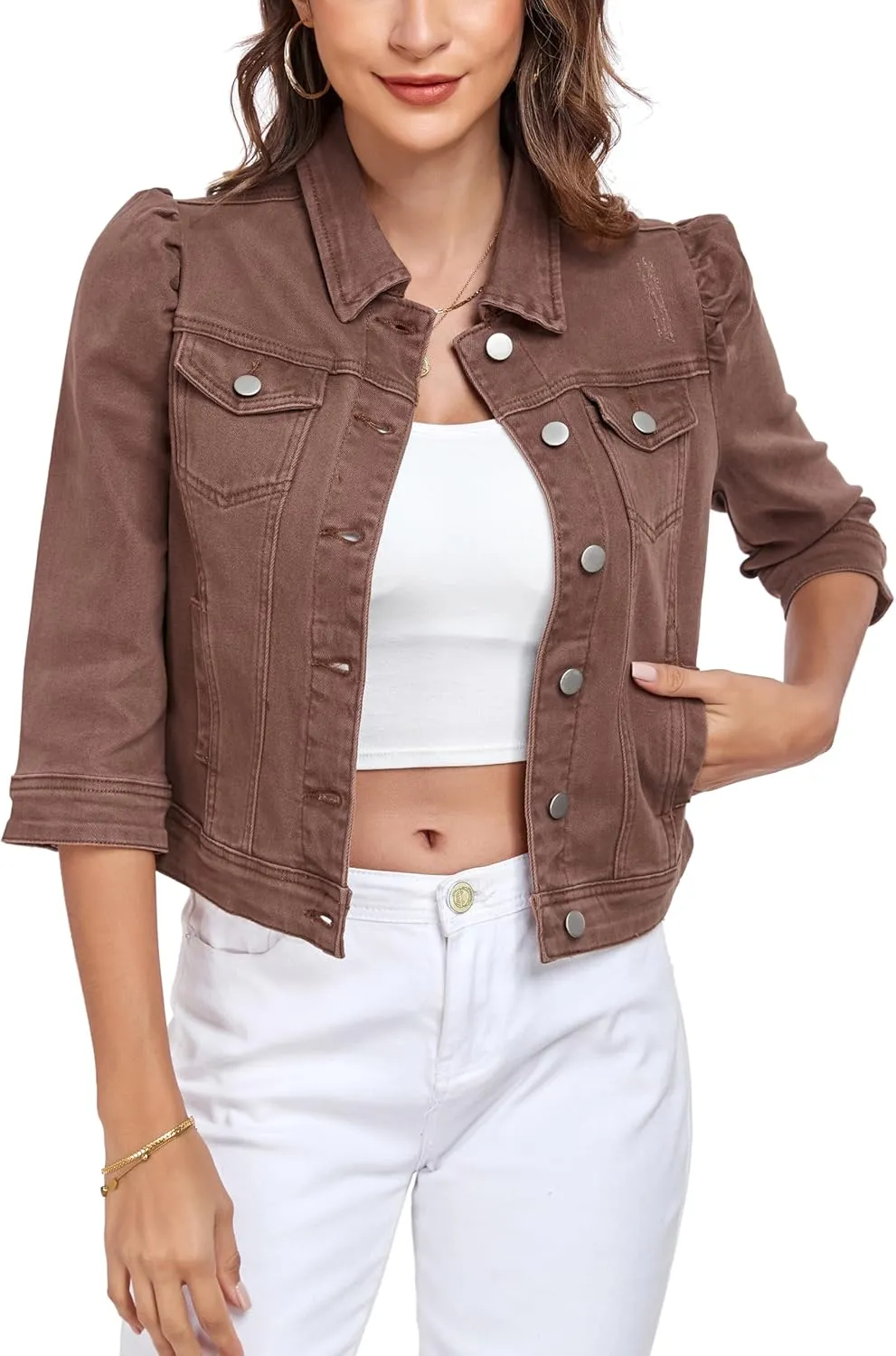 Anienaya Women's Jean Jacket Cropped Denim Jacket Stretchy 3/4 Puff Sleeve Distressed with Pockets