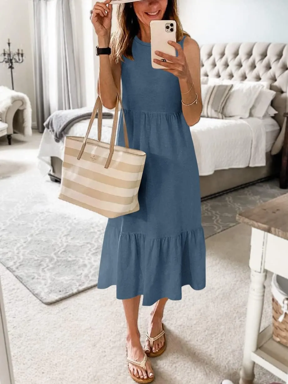 ANRABESS Women Summer Casual Sleeveless Crewneck Sundress Aline Flowy Tiered Maxi Long Beach Dress Vacation Outfits