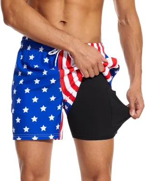 Aueyan Mens Swim Trunks 5.5 inch with Compression Liner Zipper Pockets,Quick Dry Swimsuit Trunks Funny Beach Board Shorts