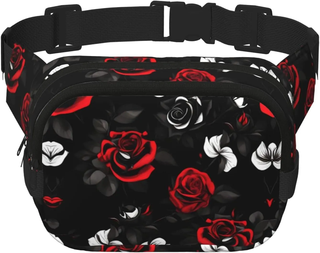 Black White and Red Roses print Everywhere Fanny Pack Purse with Adjustable Straps for Casual Travel Hiking Outdoor Sports