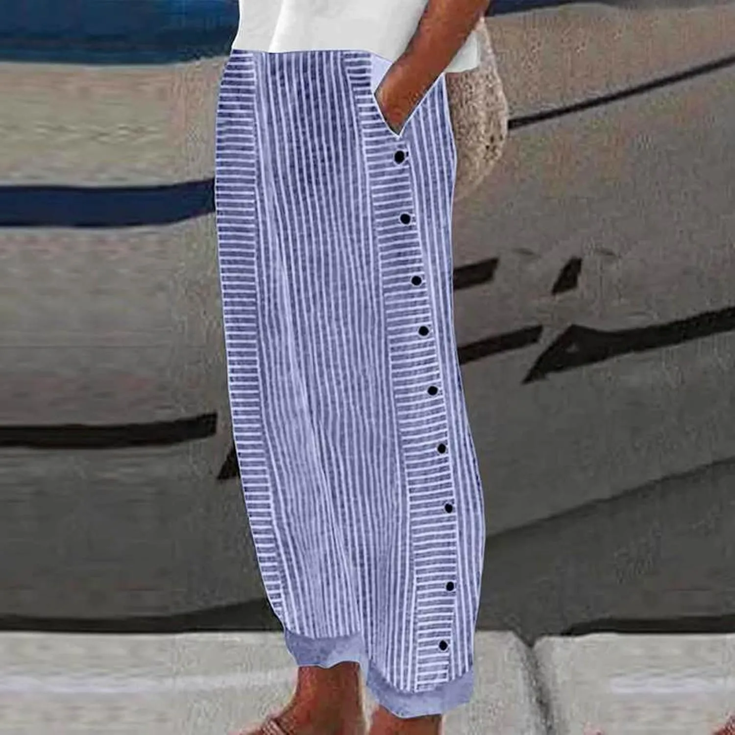 Capri Lounge Pants For Women Plus Size Loose Fitting High Waist Striped Drawstring Pants Wide Leg Cropped Trouser