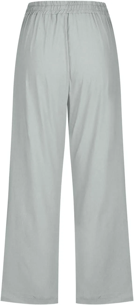 Capri Pants for Women 2025 Cotton Linen Casual Summer Pants Plus Size Drawstring Elastic Waist Capris with Pockets