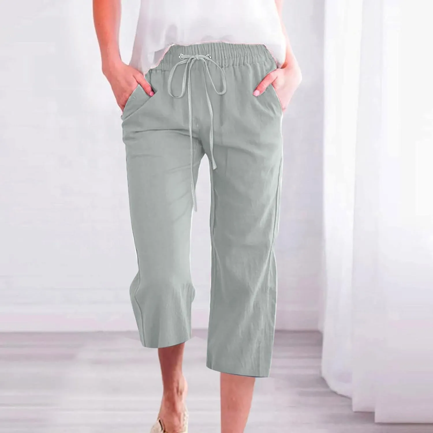 Capri Pants for Women 2025 Cotton Linen Casual Summer Pants Plus Size Drawstring Elastic Waist Capris with Pockets