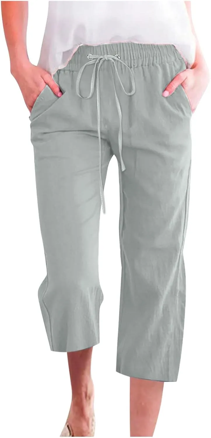 Capri Pants for Women 2025 Cotton Linen Casual Summer Pants Plus Size Drawstring Elastic Waist Capris with Pockets