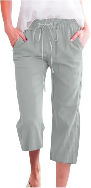 Capri Pants for Women 2025 Cotton Linen Casual Summer Pants Plus Size Drawstring Elastic Waist Capris with Pockets
