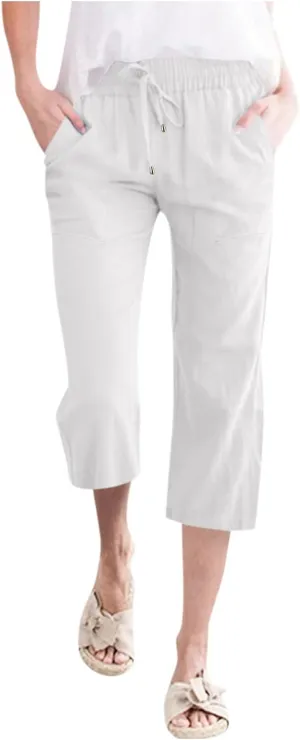 Capri Pants For Women Casual Summer Linen Elastic Waist Drawstring Pants Summer Lounge Plus Size Cropped Trousers